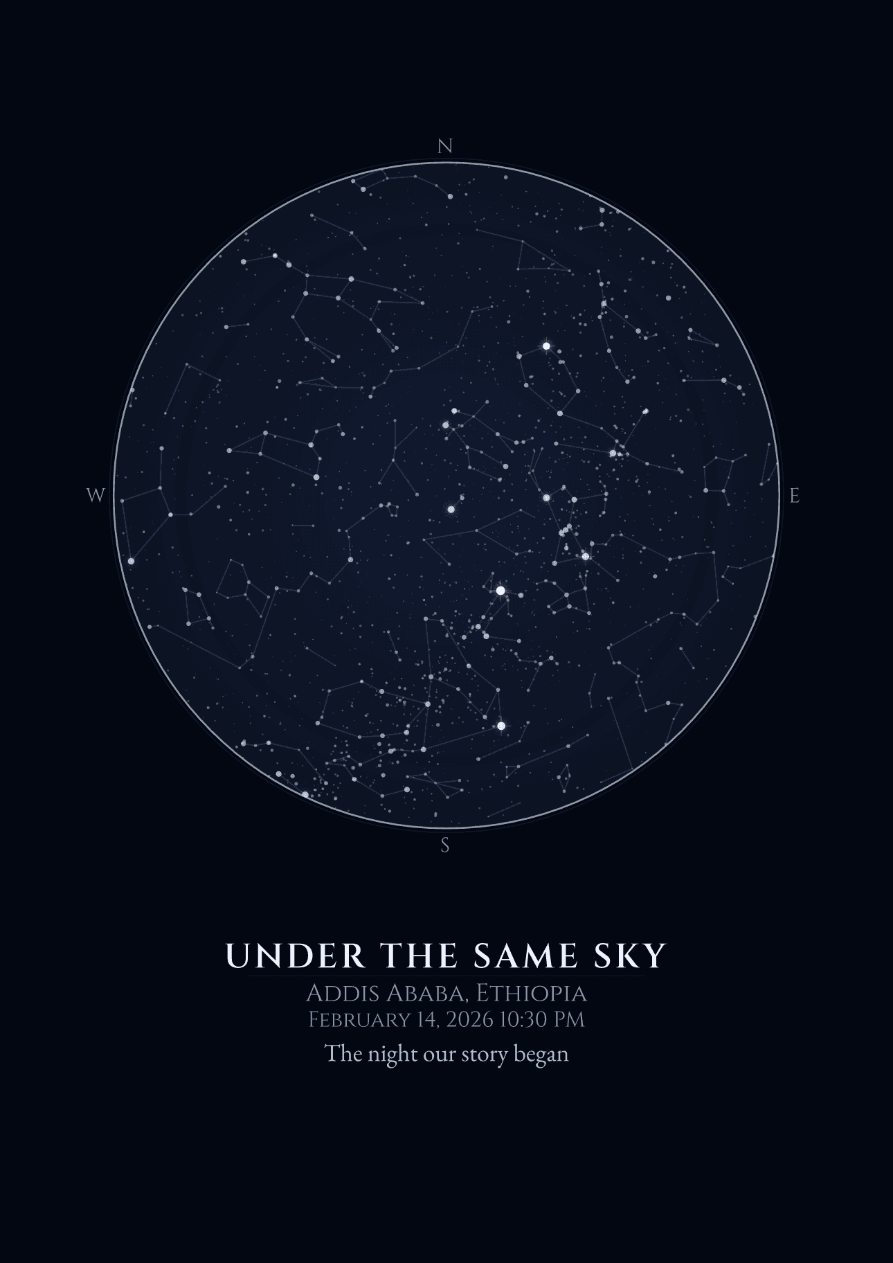 Deep Sky star map of Addis Ababa, Ethiopia, on February 14, 2026, with the dedication The night our story began